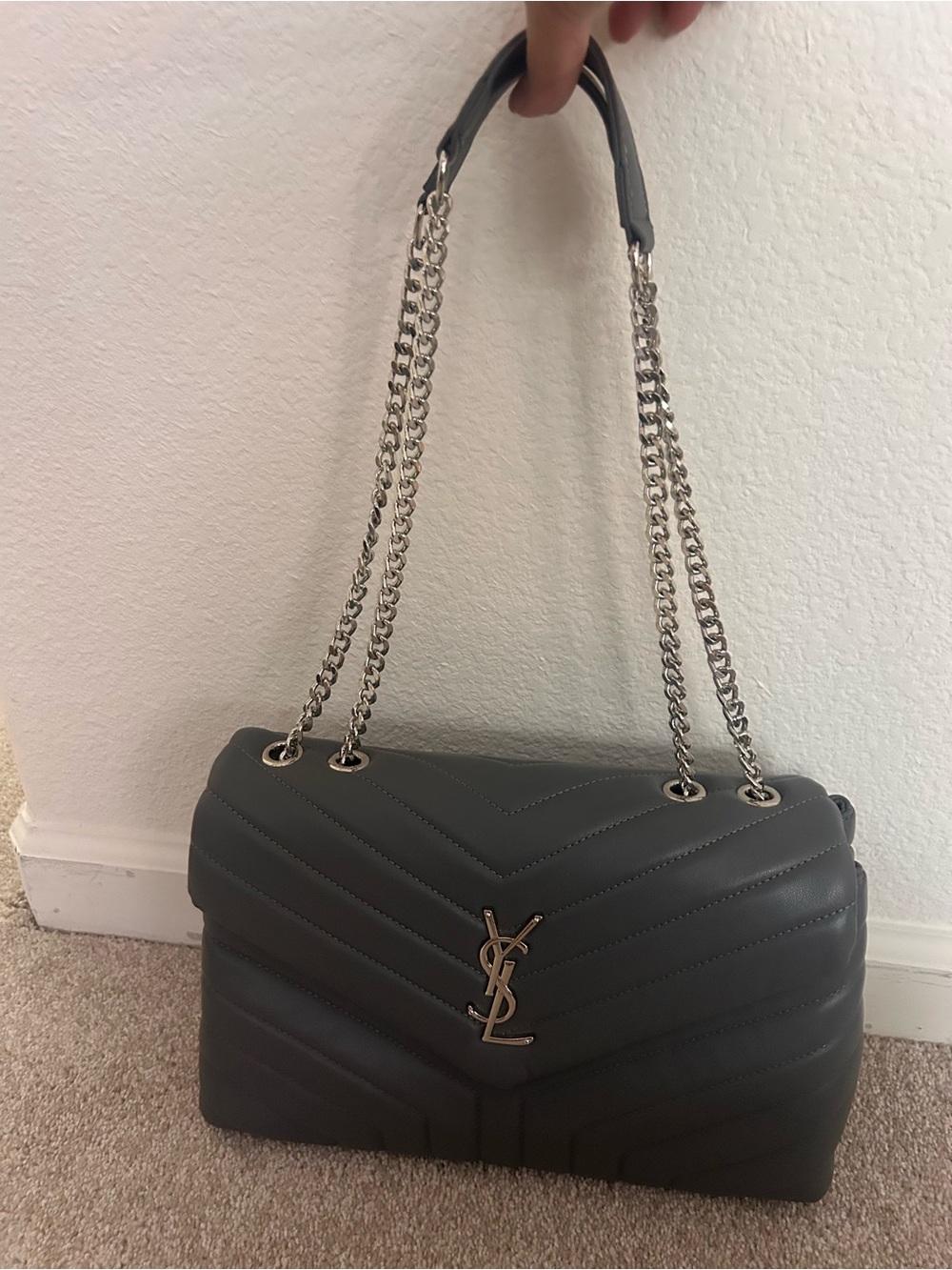 Saint Laurent Dark Grey Quilted Leather Chain Shoulder Bag
